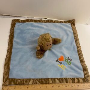 Carter’s blanket monkey plush rattle blue‎ brown I love hugs 15x15”